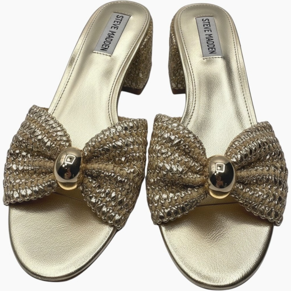 Steve Madden Melodee Gold Metallic Woven Bow Block Heel Slide Sandals 8.5